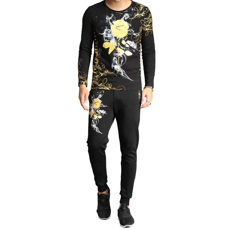 Retro Gilded Rose Floral Two Piece Sweat Set Tracksuit Men Hoodie Set Casual Slim Fit Sweatshirt with Joggers Pants Exercise Set Retro Gilded Rose Floral Two Piece Sweat Set Tracksuit Men Hoodie Set Casual Slim Fit Sweatshirt with Joggers Pants Exercise Set