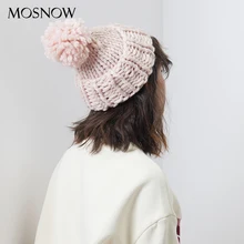 Осень-зима ручной работы помпоновая шапочка Вязание грубая шерсть Шапки бренд с помпоном шапки Для женщин Головные уборы Skullies шапки теплая шапка для женщин