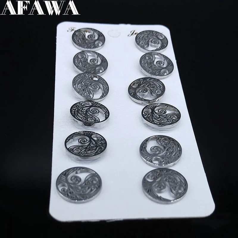 6 шт.,, модные серьги из нержавеющей стали «Древо жизни» для женщин, серебряные серьги-гвоздики, ювелирные изделия, женские серьги E612785