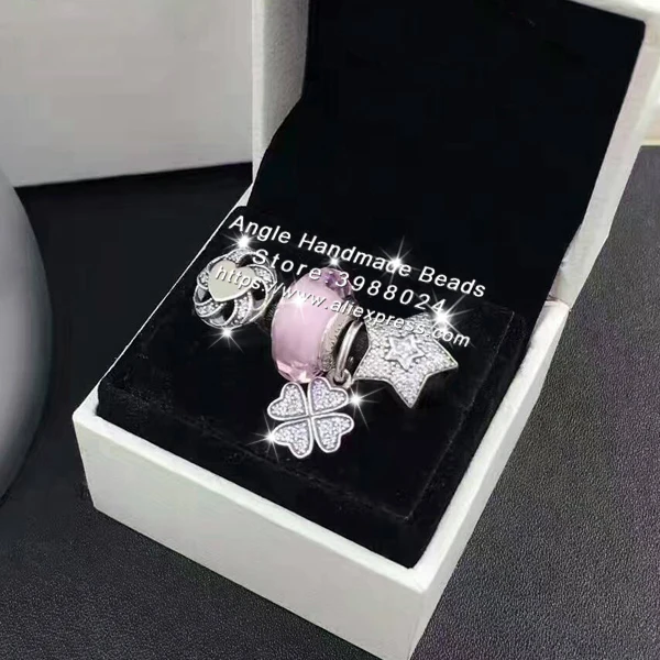 

4pcs Fashion S925 Silver Clover CZ Dangle Charms Beads Jewelry Set Fit DIY Bracelet Necklaces Jewelry Making Woman Gift