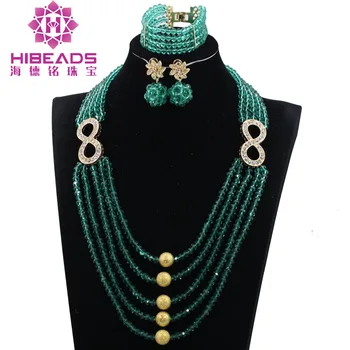 

Fashion Teal Green Beads Jewelry Sets 8 Shaped Gold Accessory Wedding Party Women Jewel Set Mother's Day Gift WE029