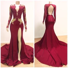 Burgundy Mermaid Prom Dresses 2019 V Neck Long Sleeves Evening Dress Sequined Beaded evening gowns for women Formal dress trendy long sleeves voile splice mermaid dress for women