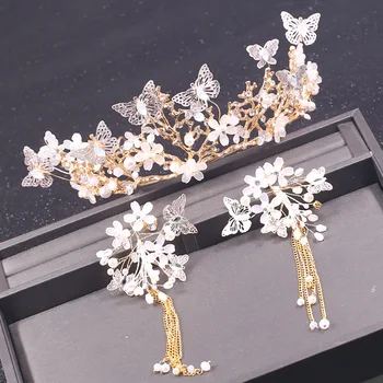 

butterfly pink flower crystal crown long flower earrings headdress gold Bride crown wedding hair jewelry