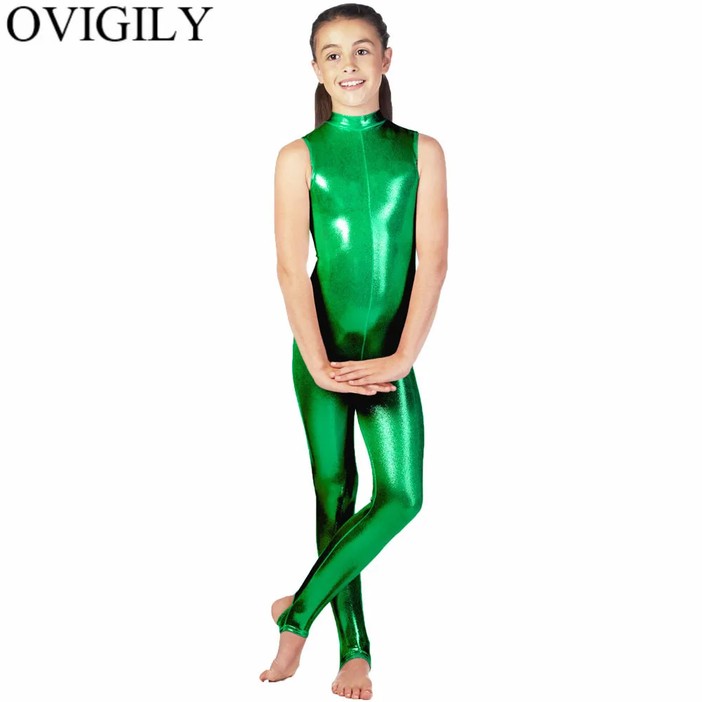 

OVIGILY Girls Stretchy Metallic Sleeveless Dance Unitards Stirrups Kids Team Wear Shiny Mock Neck Unitard Bodysuit Catsuit Zip