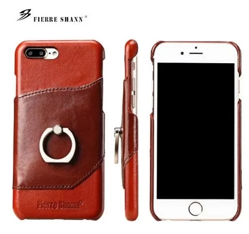 Fierre Shann QS Luxury Genuine Leather Cover Metal Finger Ring Back Coque for iPhone 6 6S 7 Plus Case Capa | Мобильные телефоны и