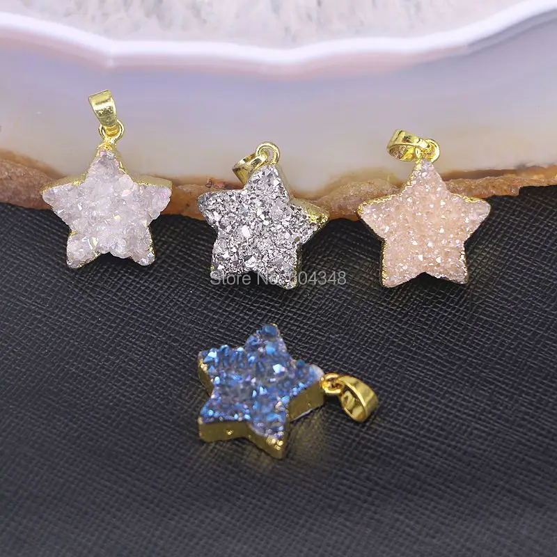 

5PCS Gold color Star Shape Natural Titanium Pendant, Sparkle Geode Quartz Pendant