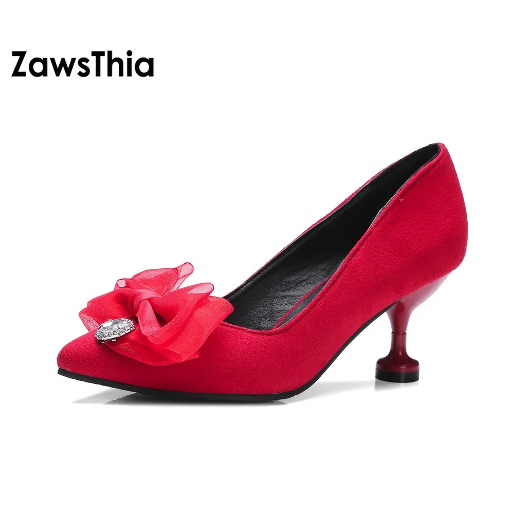 

ZawsThia 2018 spring fall woman kitten high heels rheinstone bowtie red green black pumps women wedding shoes plus size 41 42 43