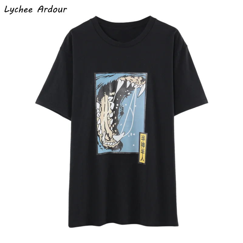 

Lychee Ardour Chinese Letter Beast Printting Women T-shirt Spring Summer Casual Streetwear Short Sleeve Long Hem T-shirt Tee Top