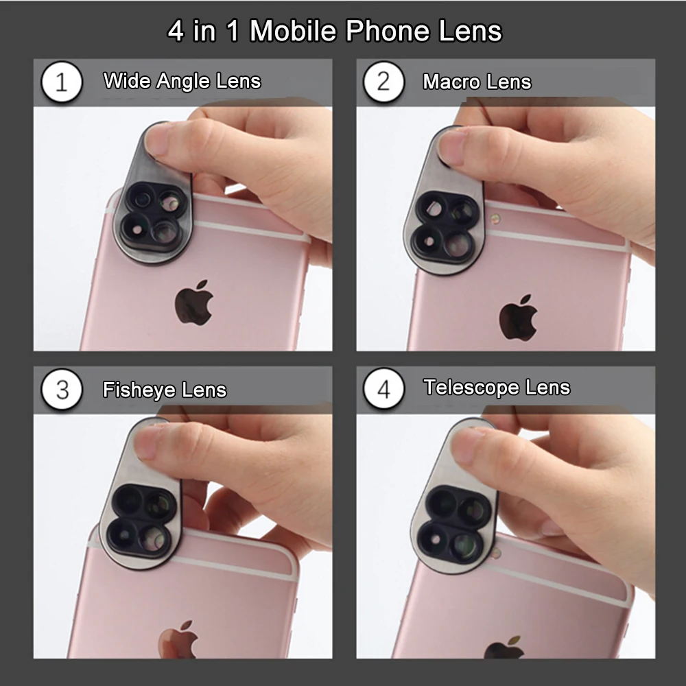 Набор объективов для камеры 4 в 1, Макросъемка, широкоугольный объектив рыбий глаз, телескоп для iPhone 6, 7, 8 Plus, XiaoMi, huawei, Oneplus Phone, новинка