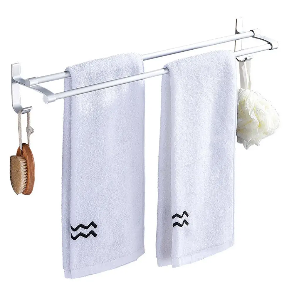 

Bathroom Towel Rack Free Punch Space Aluminum Double Towel Bar Bathroom Bathroom with Hook Storage Rack