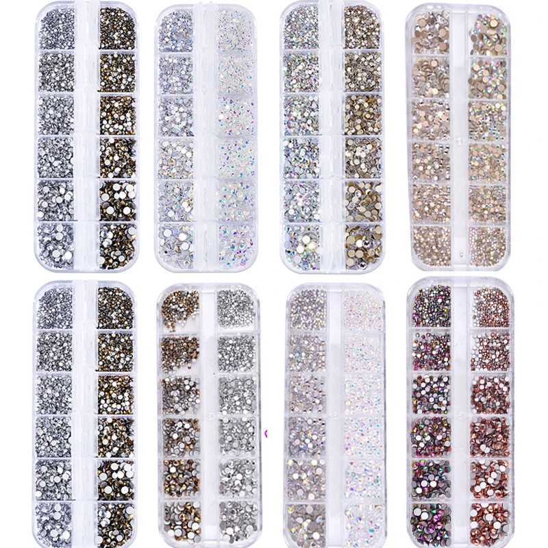 

SS4,6,8,10,12,16 Mix Size Nail Art Crafting Crystal AB Rhinestones Flatback Glass Gem with Plastic Container 1440pcs Nail Strass