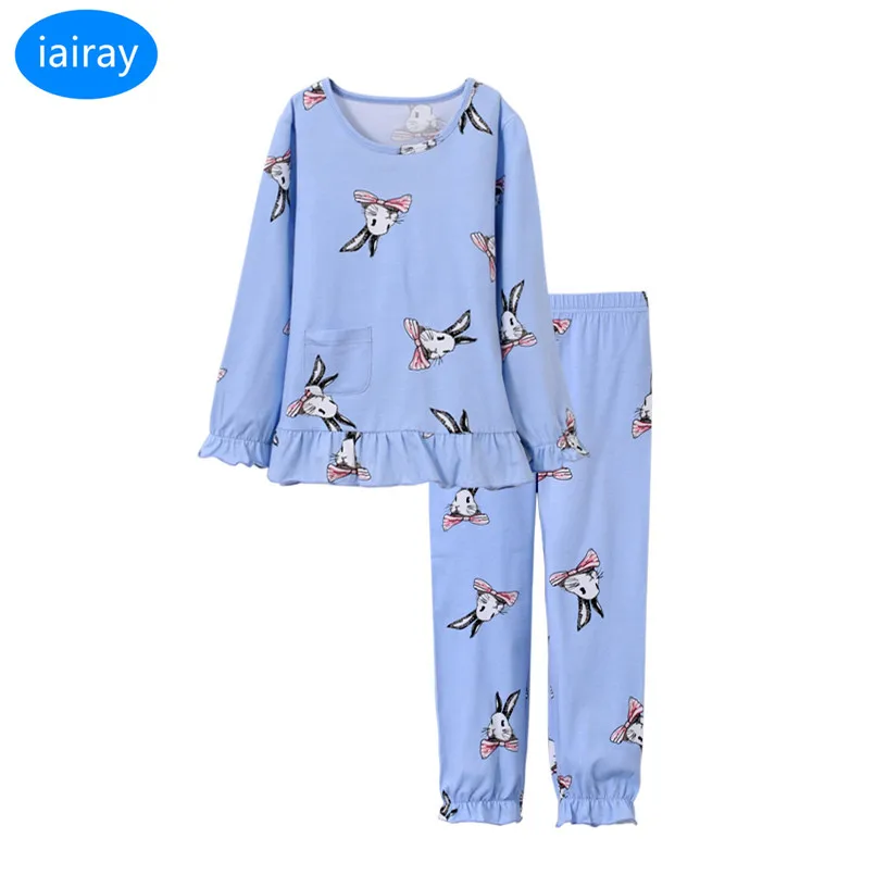 

iairay 2pcs girls pajamas cute rabbit pattern blue cotton nightwear pyjamas kids sleep wear casual pijama set kids home clothes