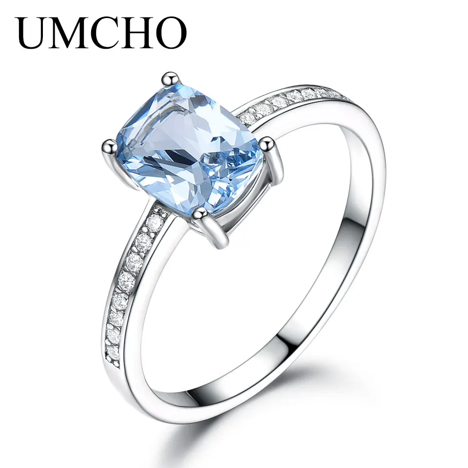 

UMCHO Genuine 925 Sterling Silver Rings For Women Sky Blue Topaz Gemstone Solitaire Ring Wedding Romantic Engagement Jewelry New