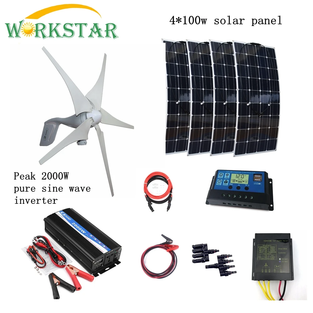 

400W Wind Generator + 4*100W Solar Panels Modules with Peak 2000W Inverter+12V/24V Controller 800W Houseuse Wind Solar System