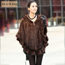 Jin Li Di Ang 2017 Women Real Knitted Mink Fur Jacket with Hood Natural Genuine Leather Brown Black Mink Fur Hooded Coat Poncho