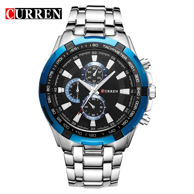 CURREN new watches men top luxury brand Quartz Fashion casual Wrist watch mens Waterproof full steel mens sports watches clock - Цвет: silver blue