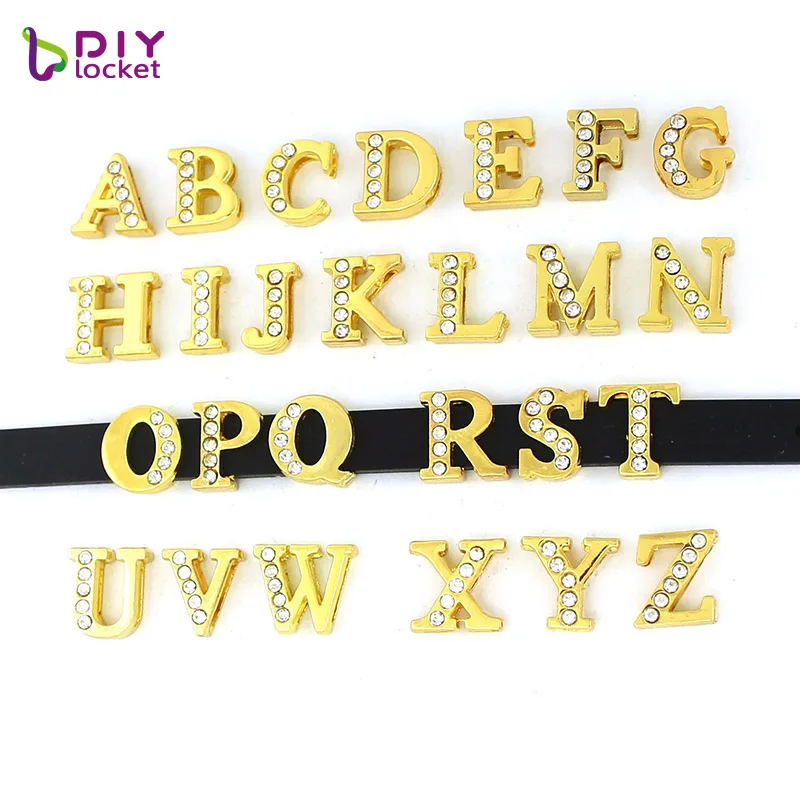 

8MM Gold Half Rhinestone Slide Letters charms 20 pcs Fit DIY Wristband & Bracelet LSSL35