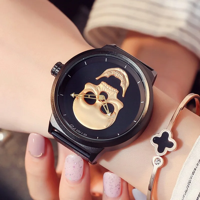 Creative Skull Pattern Casual Women Watches Gold Skeleton Stylish Top Fashion Trend Black Quartz Lady Wristwatch Party Gifts