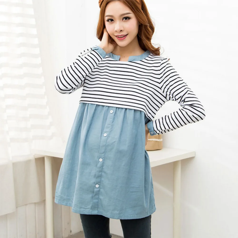 Fashion Spring Maternity Clothes Patchwork Long Sleeve Nursing T-Shirts For Pregnant Women Striped Casual Breastfeeding Tops