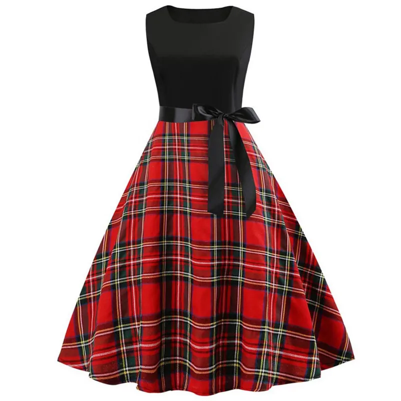 

Women Vintage Sleeveless Plaid Patchwork Evening Party Swing Dress Women spring summer autumn daily party dress s-2xl #25