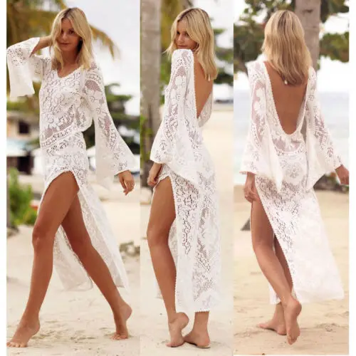 

Stylish Solid Sexy Comfortable Lace Ruffles Mesh Loose Backless Summer Women Regular Beach Dress White Holiday Bikini Cover Long