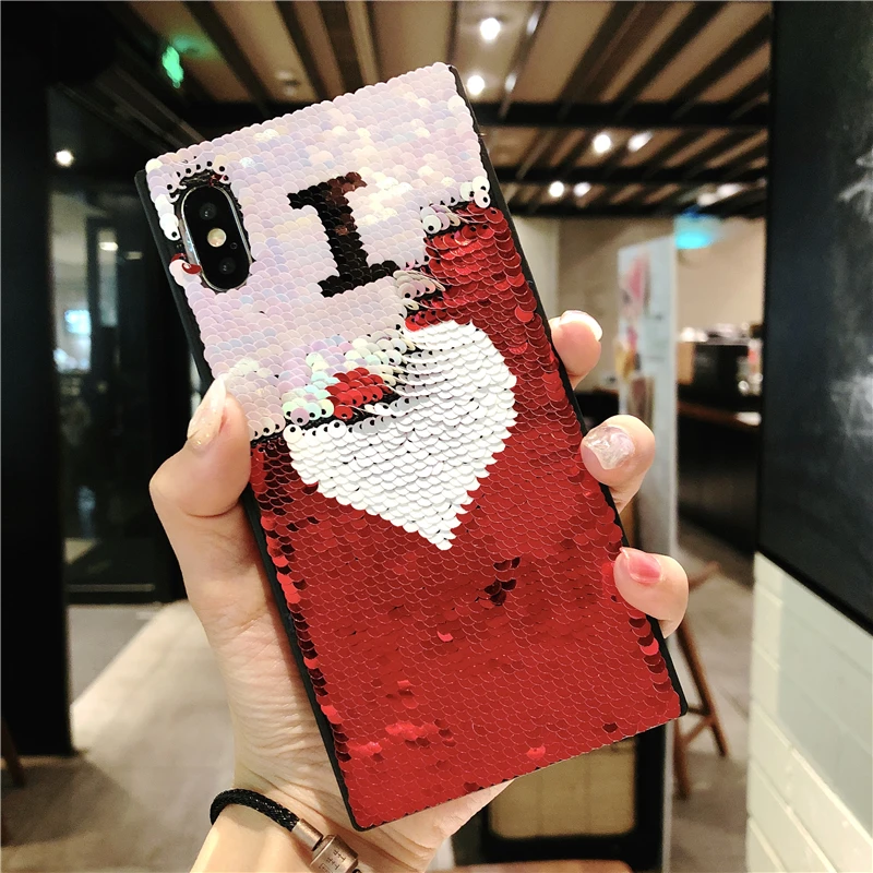 

Magic Change Pattern Color Phone Case For iPhone 10 X 7 8 6 6s Plus Glitter Love Heart Bling Sequin Cover For iPhone XR XS Max