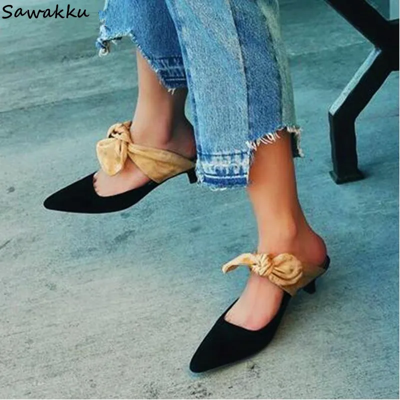

Fashion Brand Suede Leather Slides Low Heels Pointed Toe Outdoor Slippers Bowtie Slip On Mules Party Dress Shoes Woman Size 43