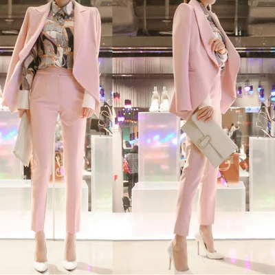 

Women's set autumn blazer suit long sleeve blazer coat + pant suit sets office ladies pink blazers suit casual two pieces sets