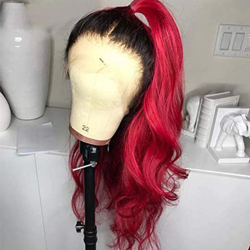 SimBeauty Ombre Цвет 1B/красный синтетические волосы на кружеве Искусственные парики человеческие волосы средства ухода за кожей волна бразильский