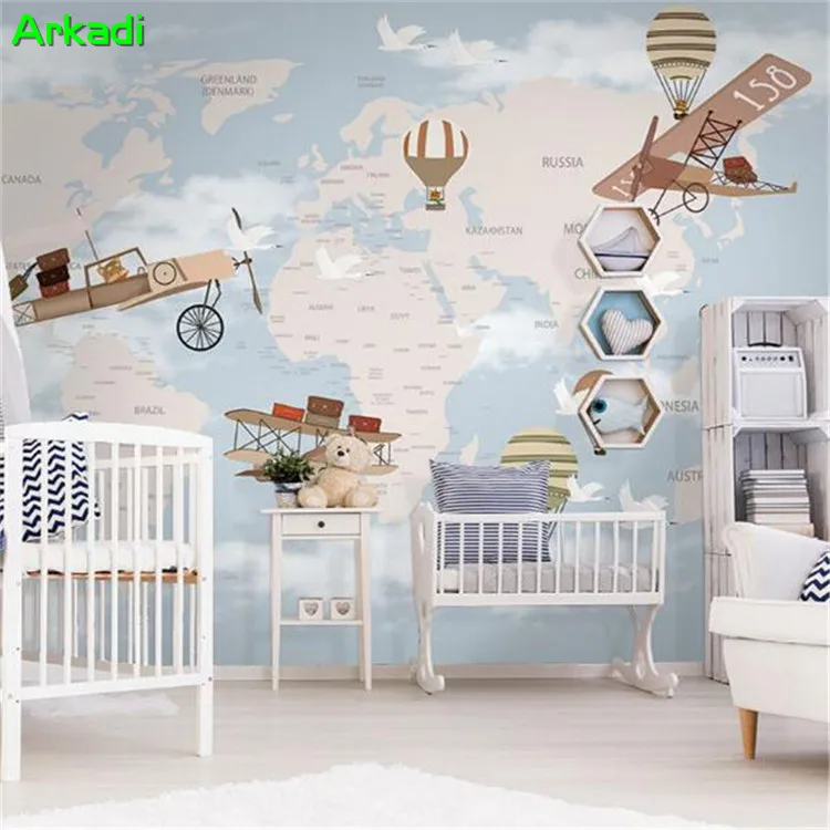 

Nordic green children's room cartoon art creative wallpaper hand-painted hot air balloon mural boy girl room wallpaper