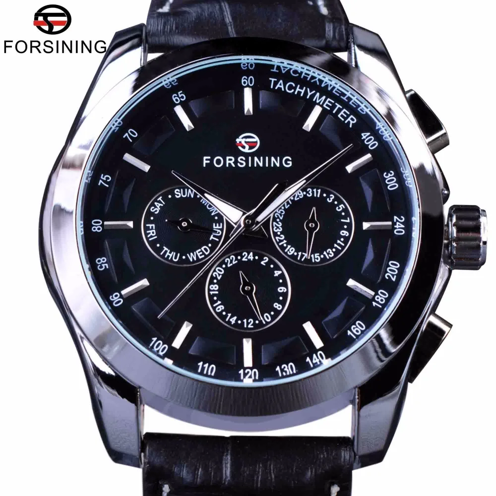 Forsining Классическая серия черный ремешок из натуральной кожи 3 циферблата 6 стрелок мужские часы лучший бренд класса люкс автоматические механические часы