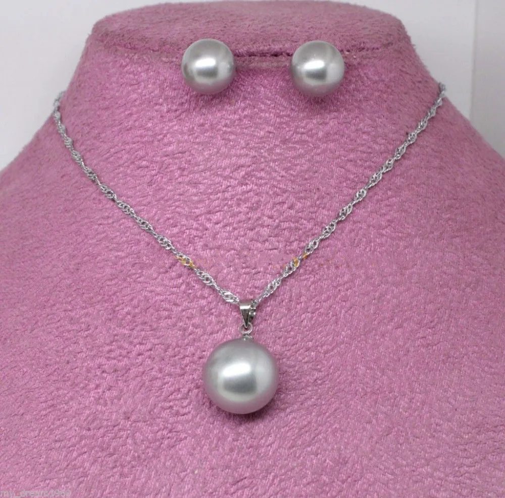 

Hot sale new Style >>>>Genuine 10mm/14mm South Sea Shell Pearl 925 Silver Stud Earring necklace Set