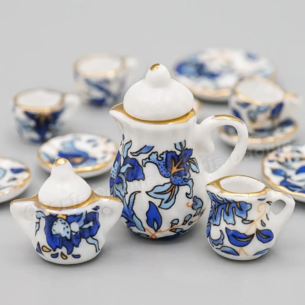 Odoria 1:12 Miniature 16PCS Blue Flower Patten Porcelain Tea Cups Ceramic Teapot Kitchen Set Dollhouse Accessories Decor