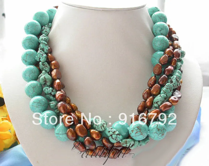 

free shipping >>>>>5row 18" 16mm round Turquoise coffee freshwater pearl NECKLACE