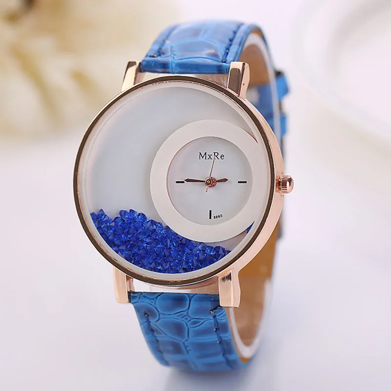 Модные роскошные женские кварцевые наручные часы из искусственной кожи, стразы, браслет для девушек - Цвет: Синий
