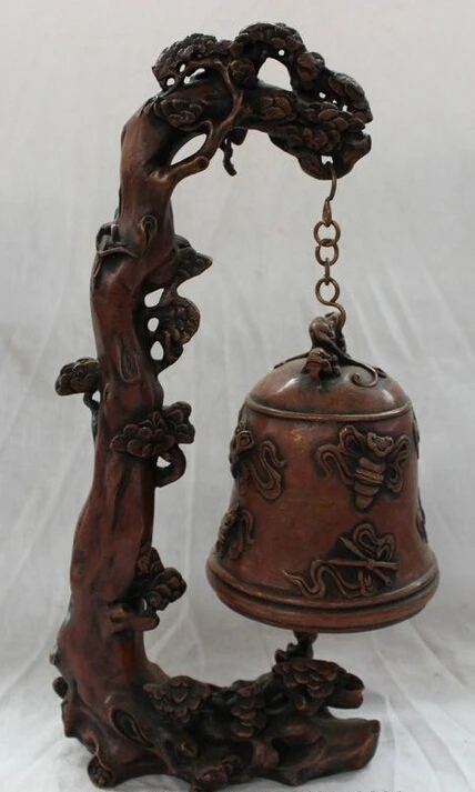 

14 Tibet Bronze Buddhism Tree Lion Head Statue 8 Auspicious Symbol Temple Bell
