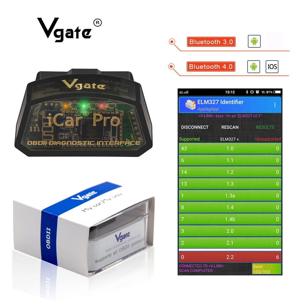 

Vgate ELM327 v2.1 iCar Pro obd2 Bluetooth 4.0 for IOS Car diagnostic scanner OBD2 OBDII Code Reader Support ALL OBDII Protocols