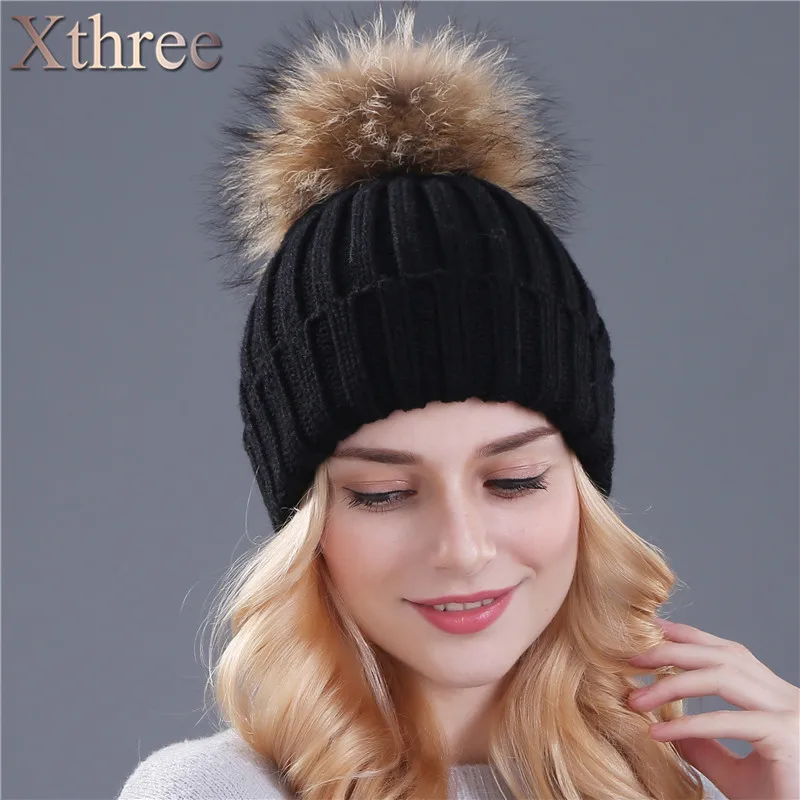 Xthree mink and fox fur ball cap pom poms winter hat for women girl s hat