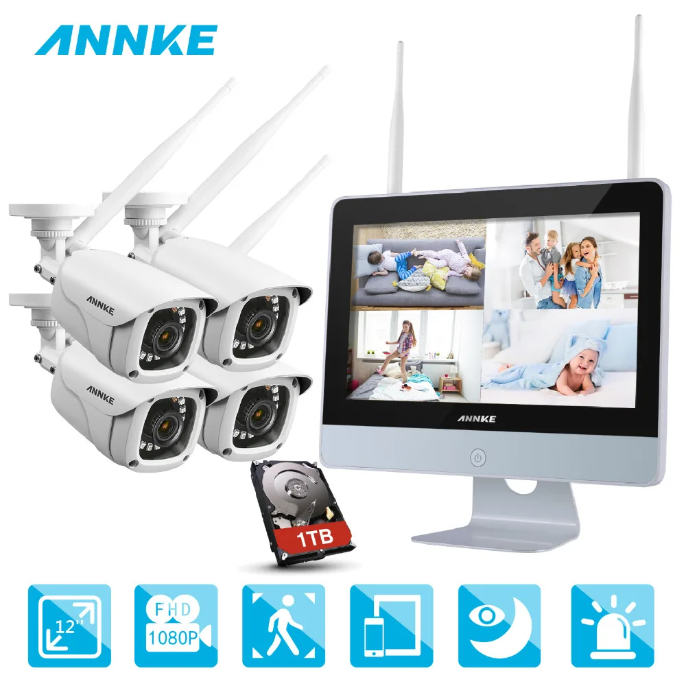 Goedkoop ANNKE NVR Kit 4 Camera 1080 p 4CH draadloze WIFI NVR IP Network CCTV Security Camera System Surveillance Kit IP66 indoor outdoor
