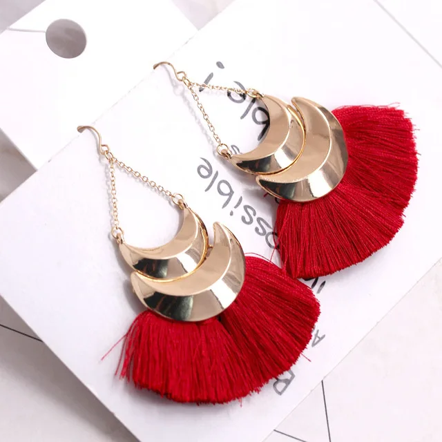 

Boho Big Fan Tassel Drop Earrings Chinese Red Vintage Bijoux Party T show Women Gift Brincos super Elegance Wedding korean