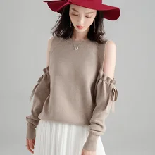 2018 Autumn new stylish slim solid color sweater slim off shoulder bow temperament knitted sweater for women SJ1325 2018 Autumn new stylish slim solid color sweater slim off shoulder bow temperament knitted sweater for women SJ1325