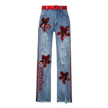 Блёстки цветы буквы вышивка прямые брюки джинсы для женщин для Модные, пикантные сбоку застёжки молнии с разрезами джинсовые штаны W1642