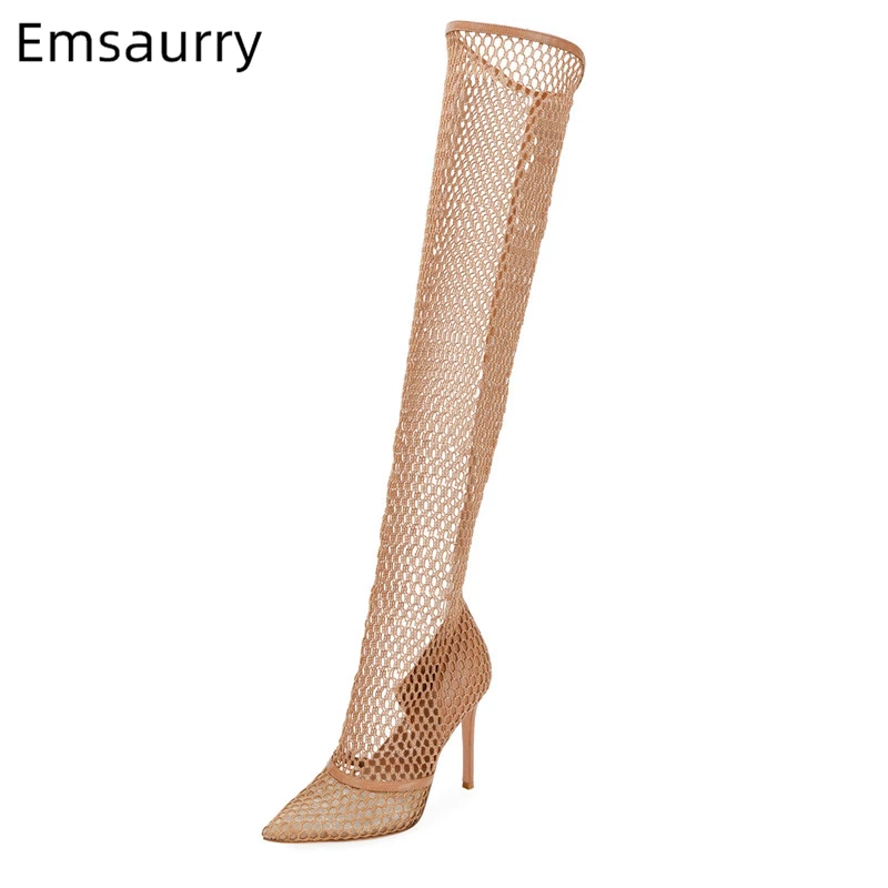 

Sexy Air Mesh Runway Botas Mujer Stiletto Heel Pointed Toe Netted Long Boots For Women Spring Catwalk Network Women Booties