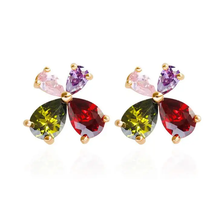 

2017 Hot High Quality Women Fashion Top CZ Crystal Earrings Colorful Flower Stud Earrings Rose Gold Color Earrings for Party