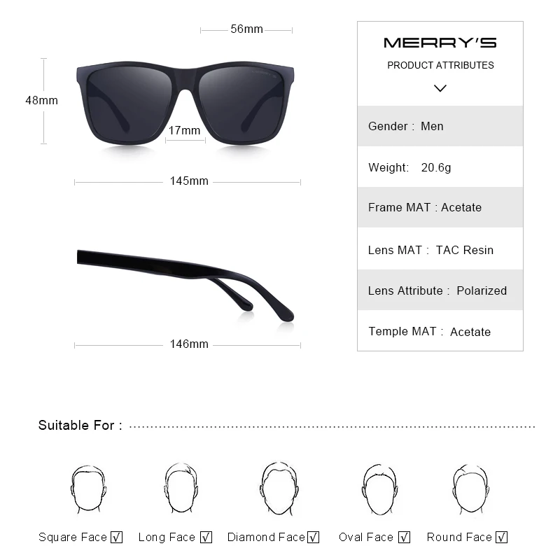 MERRY'S Men Polarized Sunglasses Male Driving Shades Classic Sun Glasses For Men Spuare Mirror Summer UV400 Oculos S3007