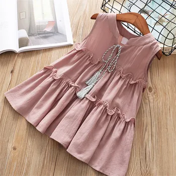 

High quality 2018 new casual active sleeveless Solid bow kid children girls dress baby girl clothes white yellow girls clothing
