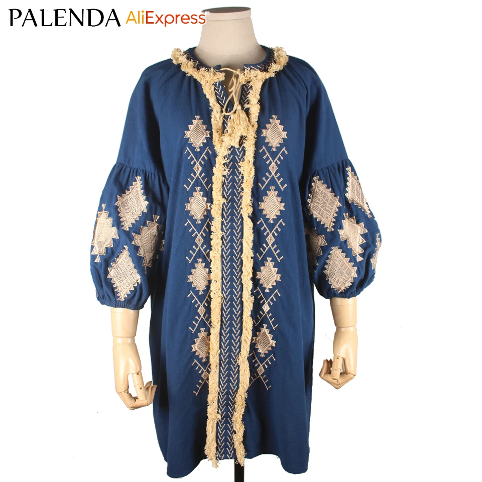 2017 new bohemian geometric embroidery lantern sleeve o neck with