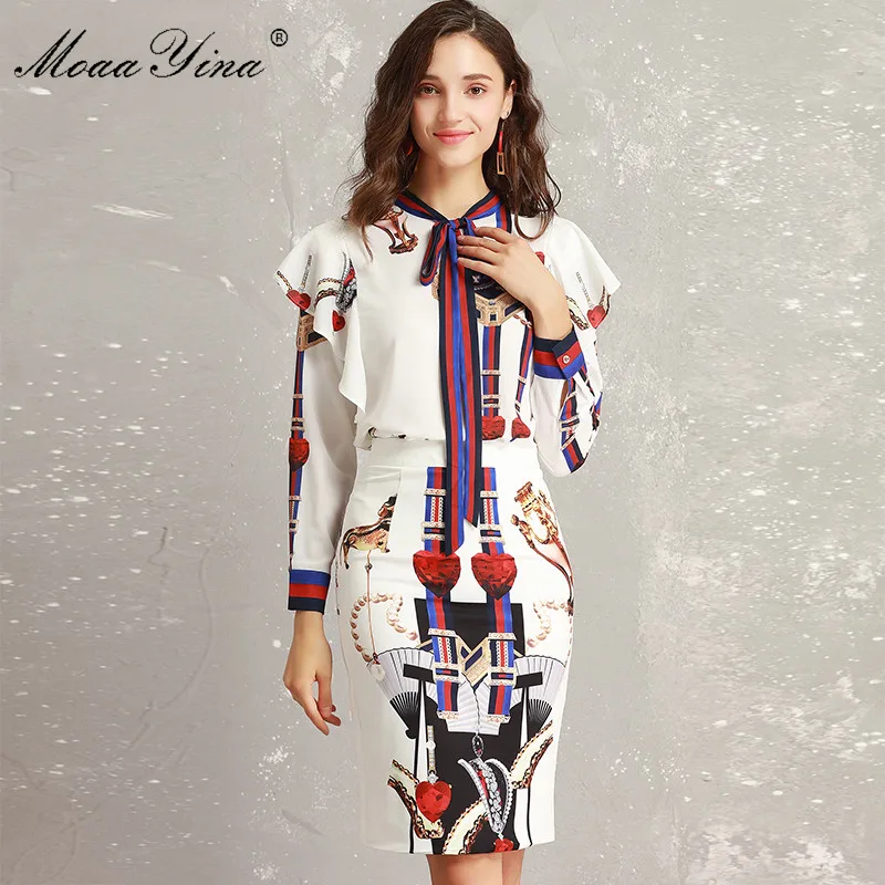 

MoaaYina Fashion Designer Set Spring Women Long sleeve Bow Collar Ruffles Stripe Print Elegant loveliness Tops+Half skirt Suit
