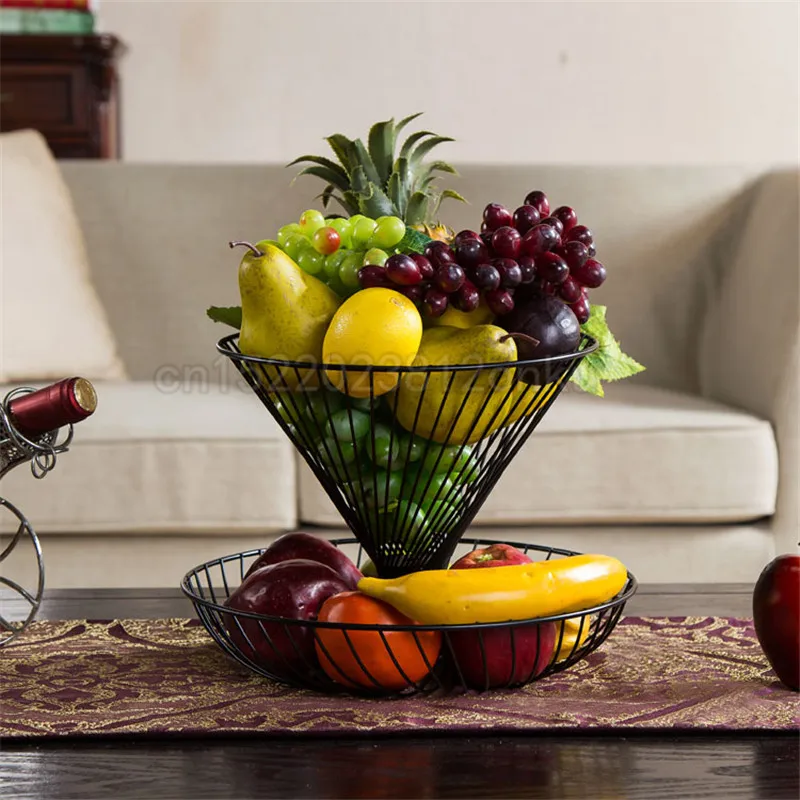 Бытовой 2 уровня фруктовых пластина столешница металлическая корзина для фруктов черный Винтаж Стиль лоток Стенд корзина для хранения - Цвет: black