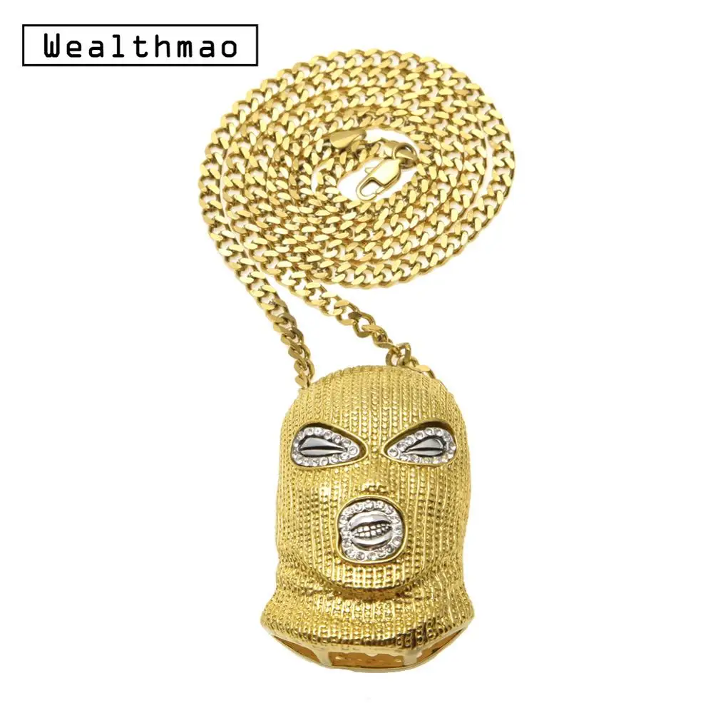 

Hip Hop CSGO Pendant Necklace Punk Style Cuban Chain Long Bling Rhinestone Gold Silver Mask Head Charm for Men's Rock Jewelry